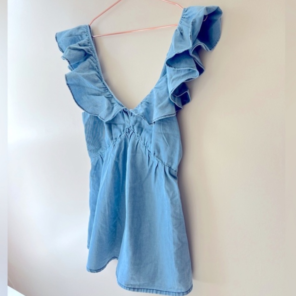FRENCH CONNECTION 100% COTTON Light Blue Tank Top Ruffled Sleeves Size 2 NWT - Picture 4 of 4